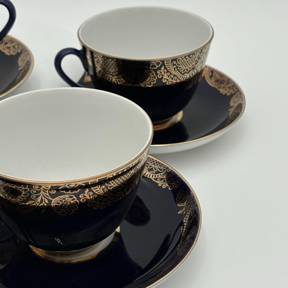 Vintage Russian Cobalt Net Gold Web Lomonosov Tea Cup with Saucer Set of 6 - Picture 6 of 13